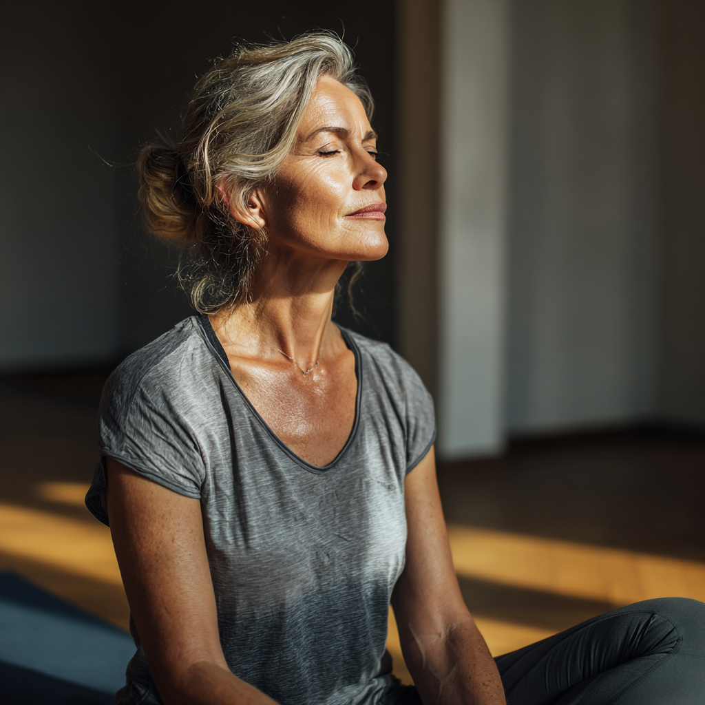 Middle aged woman practicing yoga in serene studio environment